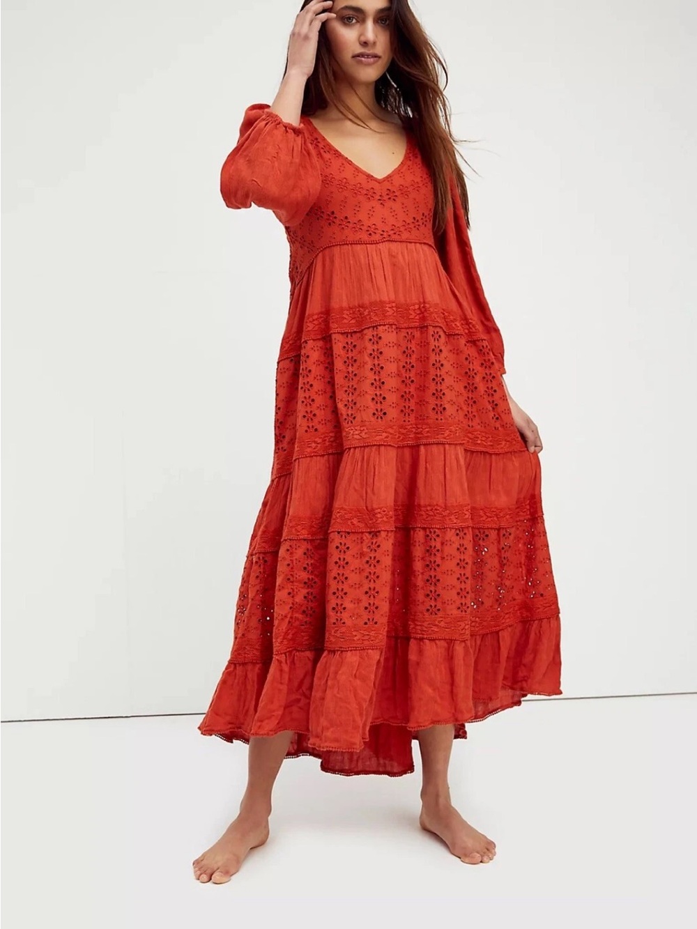 Free People Mockingbird Boho Tiered Eyelet Midi/Maxi Dress - Rust- Size Small
